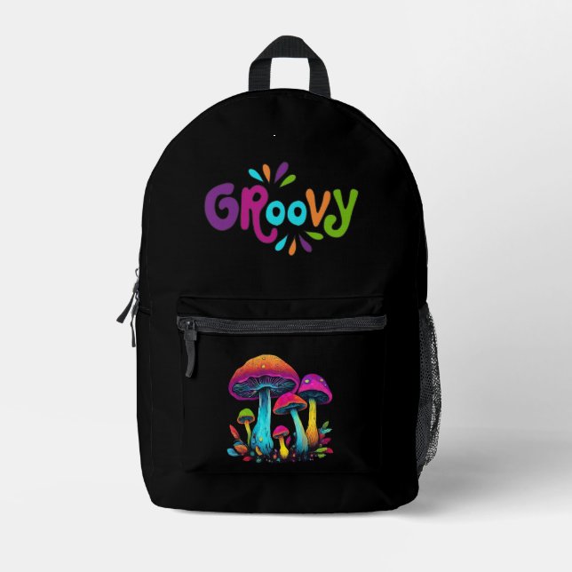 Colourful Psychedelic Groovy Mushrooms- Printed Backpack (Front)