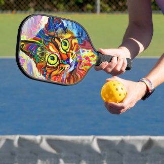 Colourful Psychedelic Painted Cat Monogram Pickleball Paddle