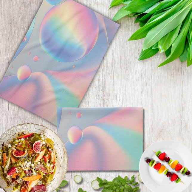 Colourful Psychedelic Pink Blue Teal Pastel Bubble Tea Towel (Colorful, psychedelic and iridescent-looking bubbles of teal, purple, pink, & yellow kitchen towel)