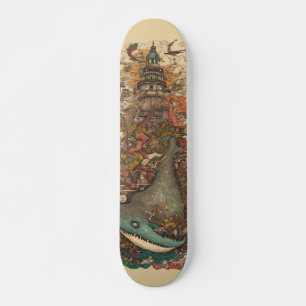 Colourful psychedelic sea creatures and lighthouse skateboard