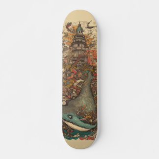 Colourful psychedelic sea creatures and lighthouse skateboard