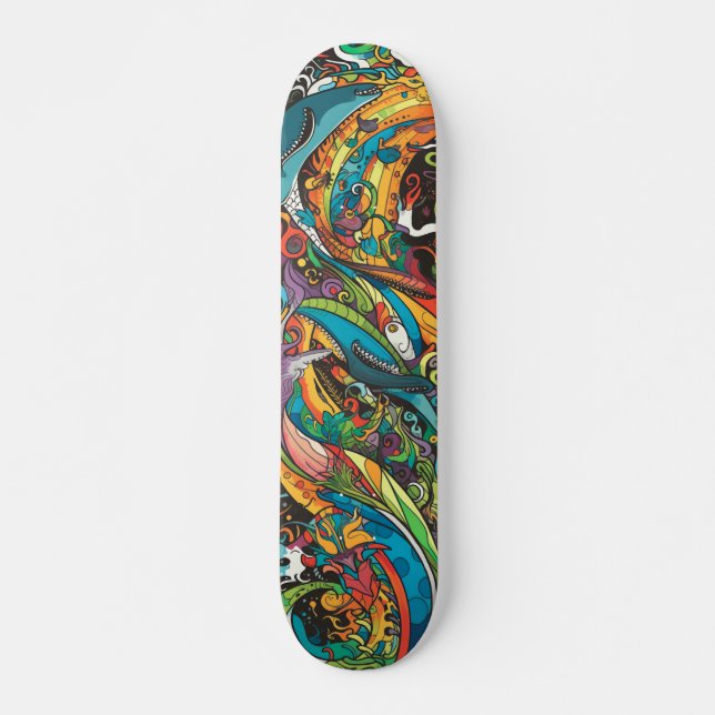 Colourful psychedelic sea creatures skateboard (Front)