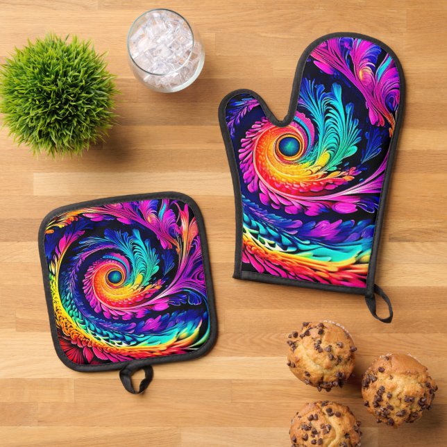 Colourful Psychedelic Spiral Art Oven Mitt & Pot Holder Set (Top Down)