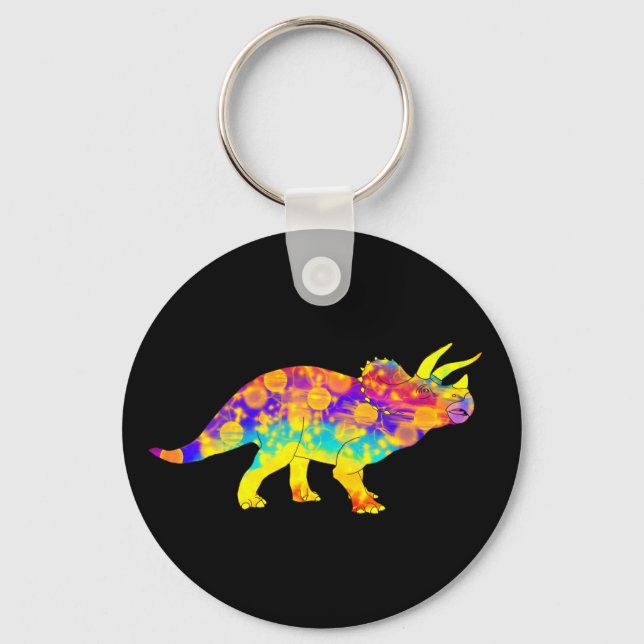 Colourful Psychedelic Triceratops Dinosaur Art Key Ring (Front)