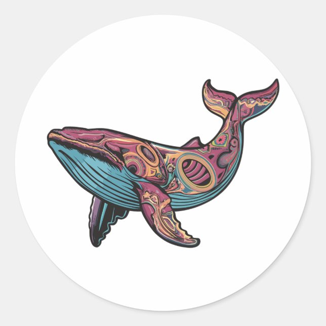 Colourful Psychedelic Whale Classic Round Sticker (Front)