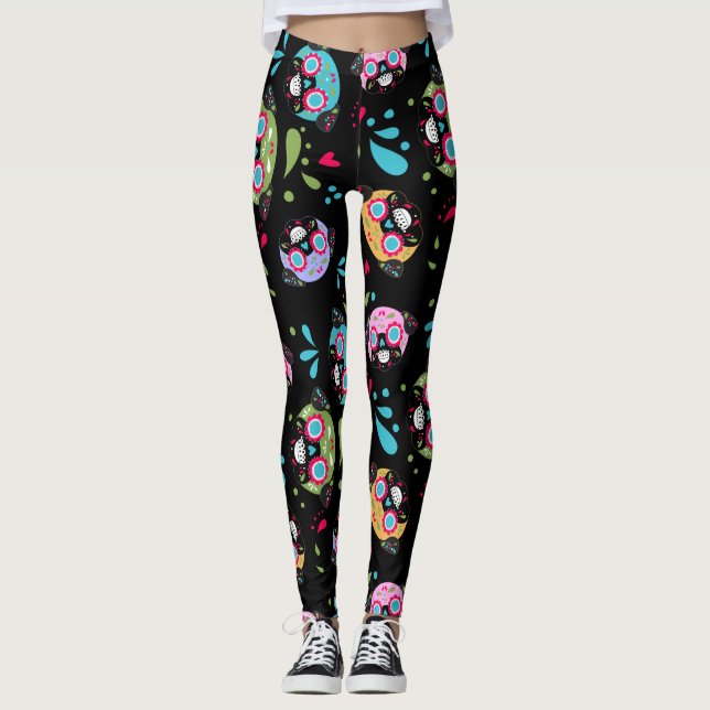 Colourful Pug Sugar Skulls Pattern Leggings (Front)