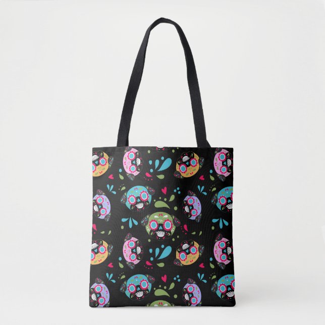 Colourful Pug Sugar Skulls Pattern Tote Bag (Front)