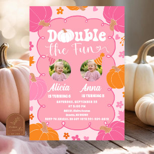 Colourful Pumpkin Double the Fun Sibling Birthday Invitation