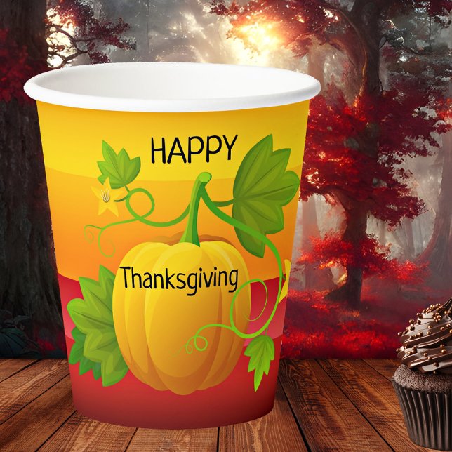 Colourful Pumpkin Thanksgiving Paper Cups (Colorful Thanksgiving paper cups featuring a pumpkin with green leaves on festive stripes)