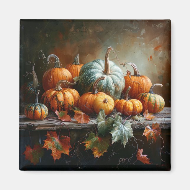Colourful Pumpkins and Leaves Vintage Magnet (Front)