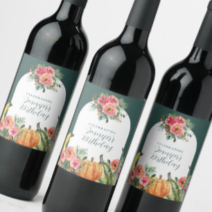 Colourful Pumpkins Fall Pink Floral Birthday Party Wine Label