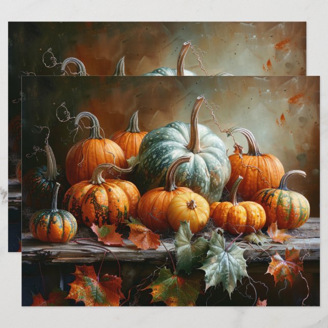 Colourful Pumpkins Leaves Vintage Scrapbook Paper (Front/Back)