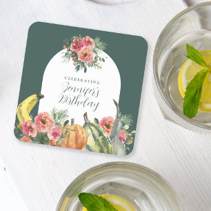 Colourful Pumpkins Pink Floral Birthday Party Square Paper Coaster
