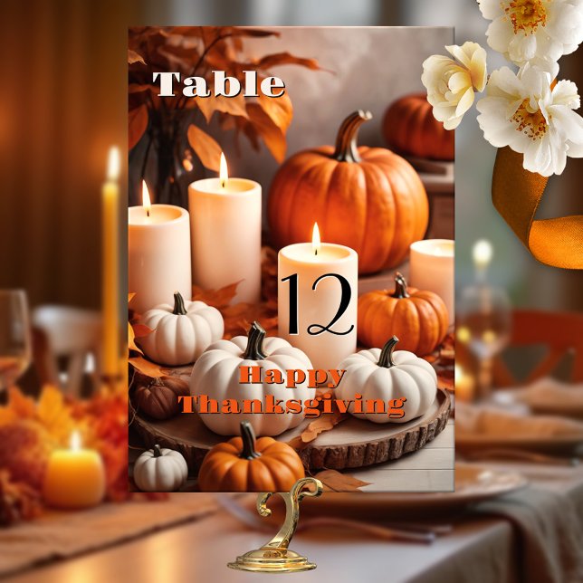 Colourful Pumpkins Thanksgiving Dinner Table Number (Table number card featuring a colorful scene with pumpkins and candles - Thanksgiving or birthday)