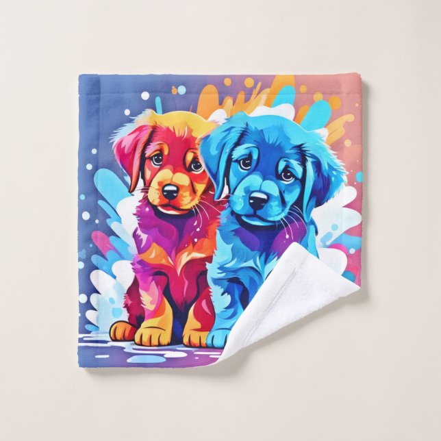 Colourful Puppy Pair Art Bath Towel Set (Wash Cloth)