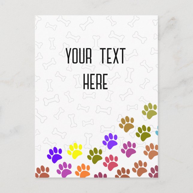 Colourful Puppy Paw Prints and Bones Custom Text Postcard (Front)