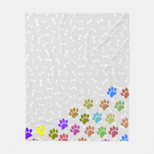 Colourful Puppy Paw Prints and Bones Light Grey Fleece Blanket