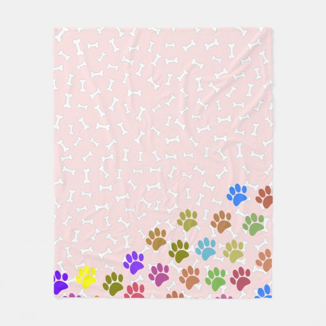 Colourful Puppy Paw Prints and Bones Light Pink Fleece Blanket (Front)