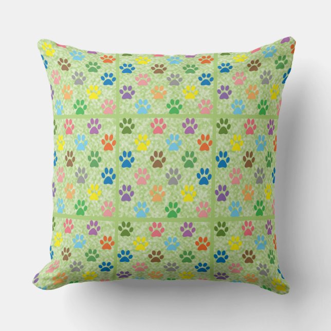 Colourful puppy paw prints cushion (Front)