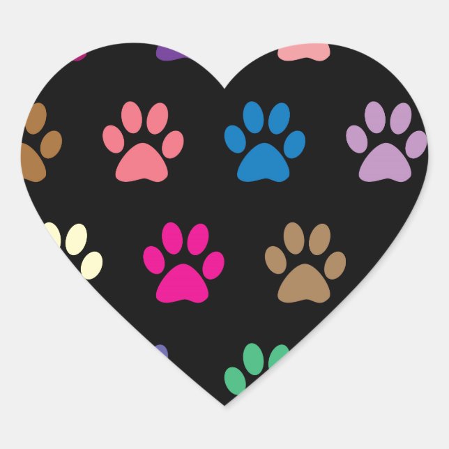 Colourful puppy paw prints on black heart sticker (Front)
