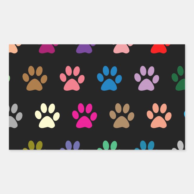 Colourful puppy paw prints on black rectangular sticker (Front)