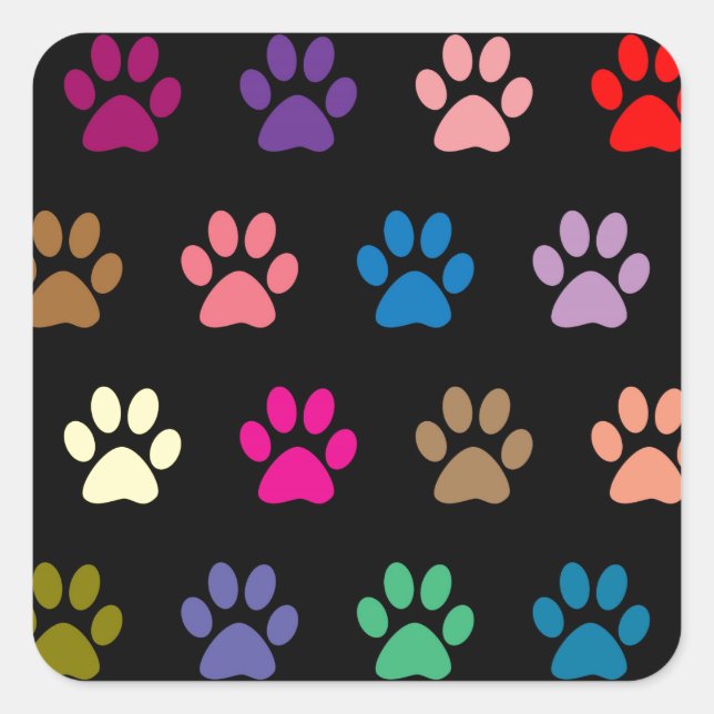 Colourful puppy paw prints on black square sticker (Front)