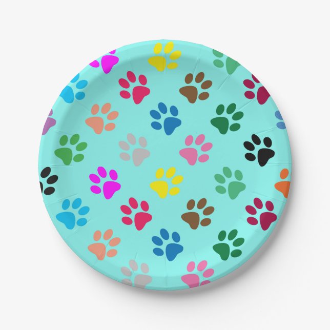 Colourful puppy paw prints paper plate (Front)
