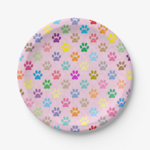 Colourful puppy paw prints paper plate