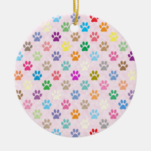 Colourful puppy paw prints pattern ceramic tree decoration