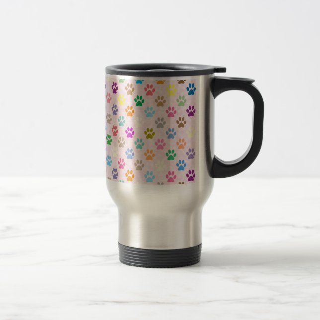 Colourful puppy paw prints pattern travel mug (Right)
