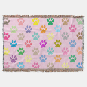 Colourful puppy paw prints throw blanket