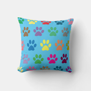 Colourful puppy paw prints throw pillow