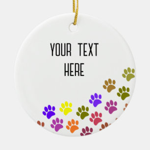 Colourful Puppy Paw Prints With Custom Text Ceramic Tree Decoration