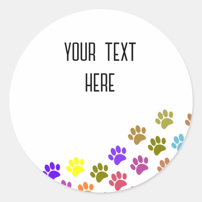 Colourful Puppy Paw Prints With Custom Text Classic Round Sticker (Front)