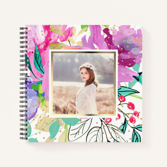 Colourful Purple Floral on White with Photo Notebook (Front)