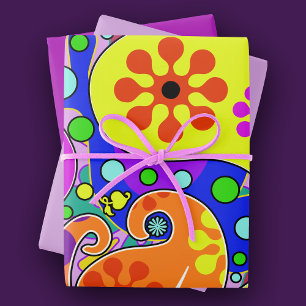 Colourful Purple Pink Yellow Orange Paisley Floral Wrapping Paper Sheet