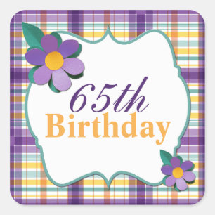Colourful Purple Yellow Plaid 65th Birthday Sticke Square Sticker