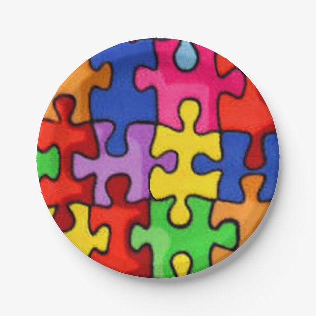 Colourful Puzzle Pieces Paper Plate (Front)