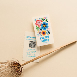 Colourful QR Code Hand Drawn Written Retro Floral Business Card
