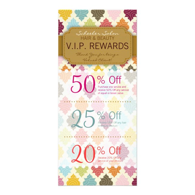 Colourful Quatrefoil Custom Salon Coupons Specials Rack Card (Front)