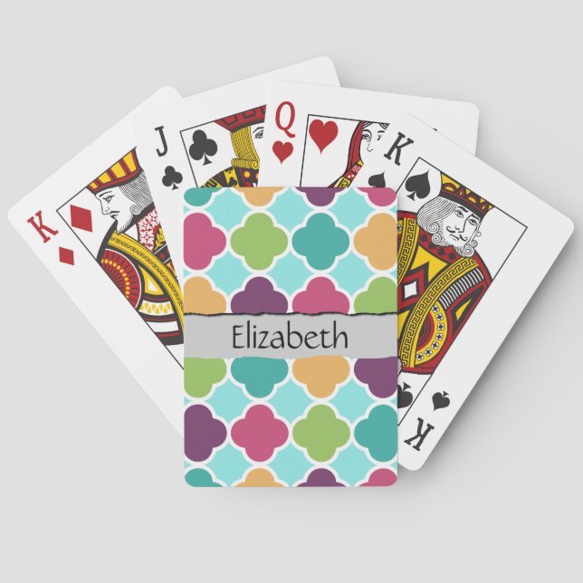 Colourful Quatrefoil, Latticework, Your Name Playing Cards (Back)