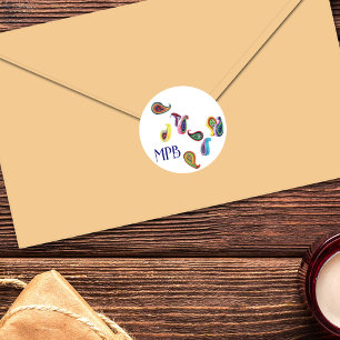 Colourful Quilled Paisleys & Initials Classic Round Sticker
