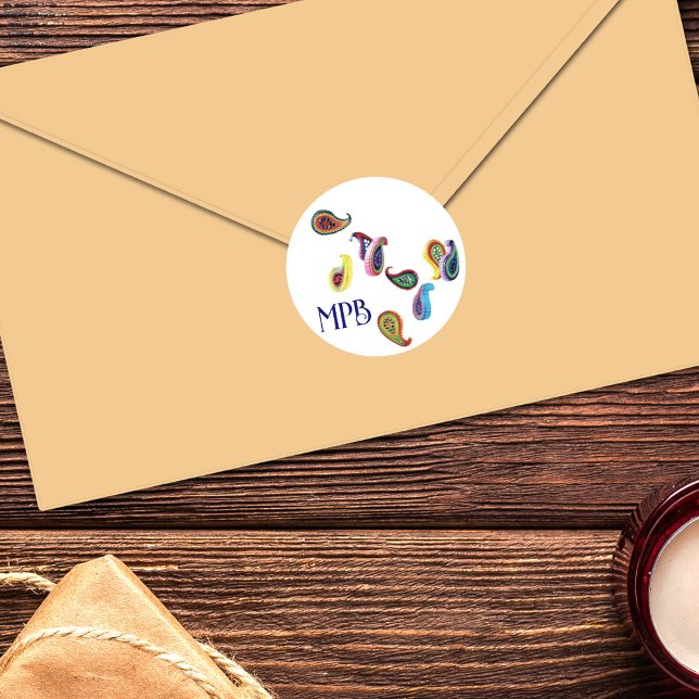 Colourful Quilled Paisleys & Initials Classic Round Sticker (Creator Uploaded)