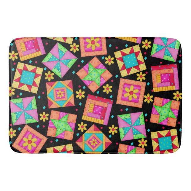 Colourful Quilt Art Patchwork Blocks Black Bath Mat (Front)