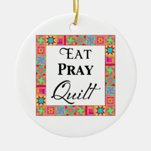Colourful Quilt Blocks Border Art Eat Pray Quilt Ceramic Tree Decoration