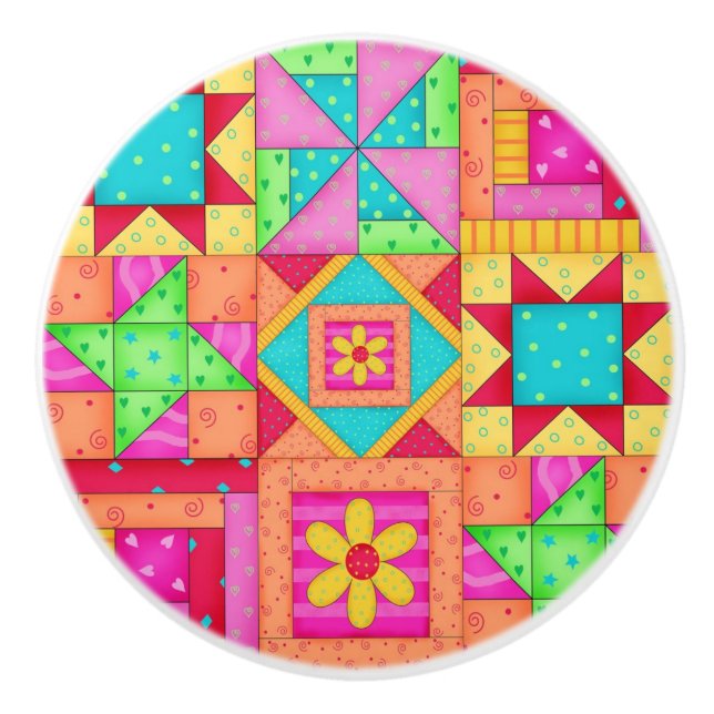 Colourful Quilt Patchwork Block Art Ceramic Knob (Front)