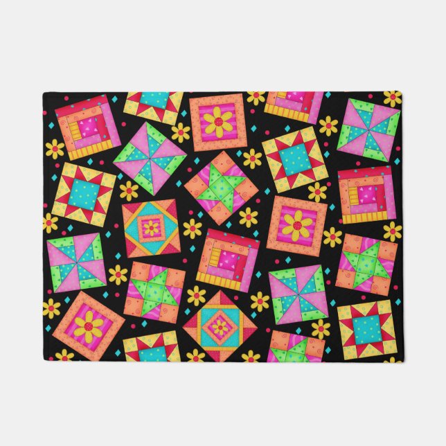 Colourful Quilt Patchwork Blocks Black Custom Doormat (Front)
