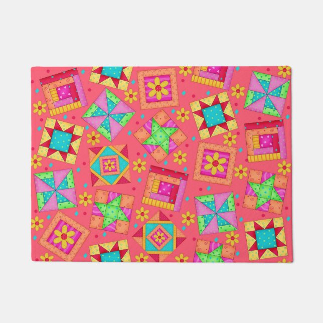 Colourful Quilt Patchwork Blocks Red Coral Custom Doormat (Front)