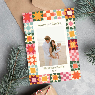 Colourful Quilt Pattern Family Holiday Photo Card