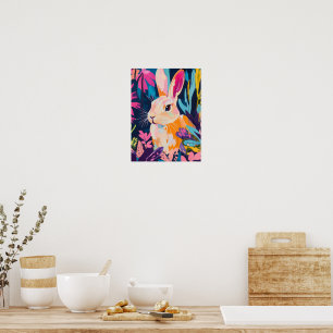 Colourful Rabbit Floral Wall Art Whimsical Bunny